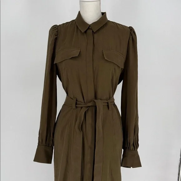 Nordstrom Midi Shirt Dress Long Sleeve Front Button Belted Pockets Green size s - Picture 3 of 10